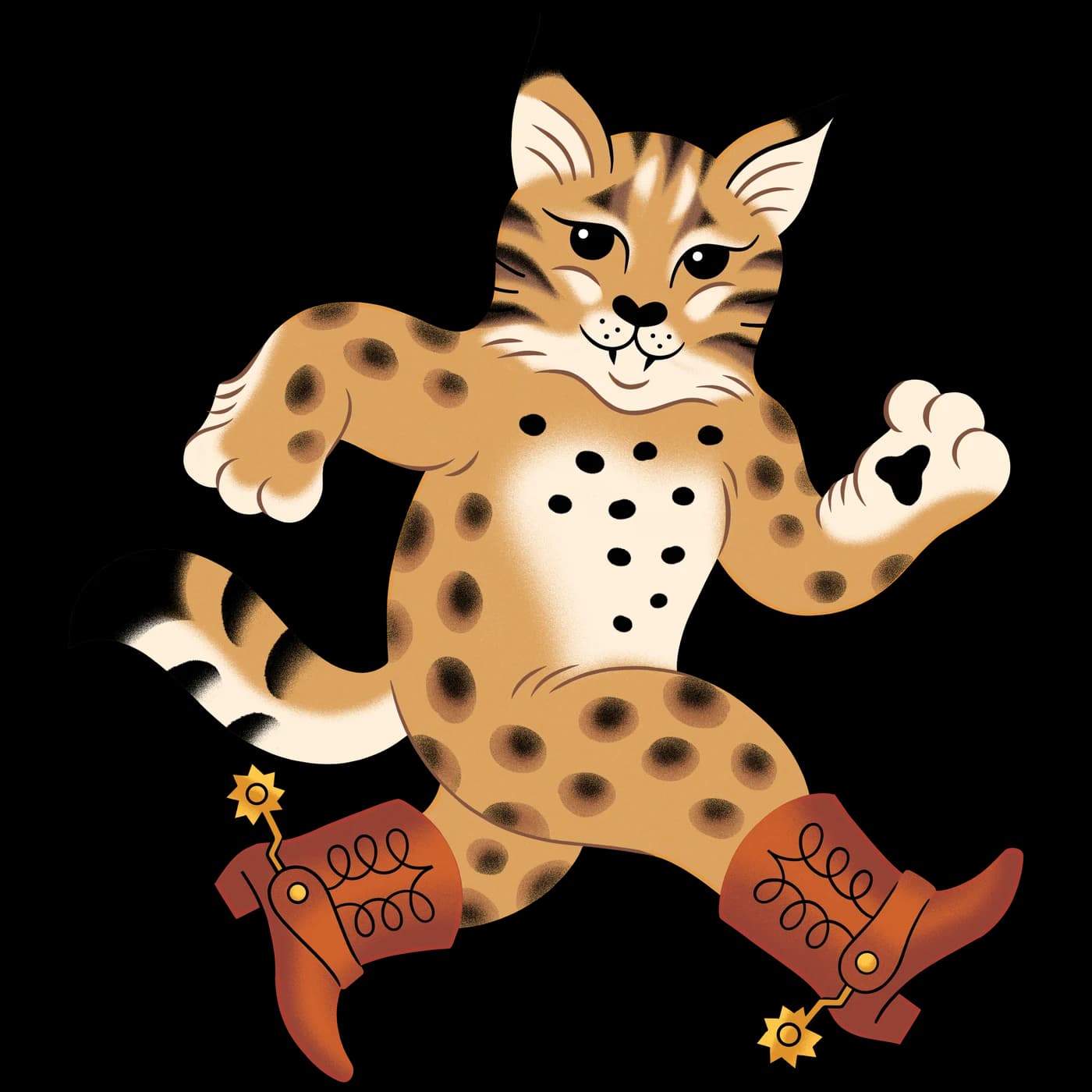 Reddy, the Reddy Wines bobcat, striding out in cowboy boots